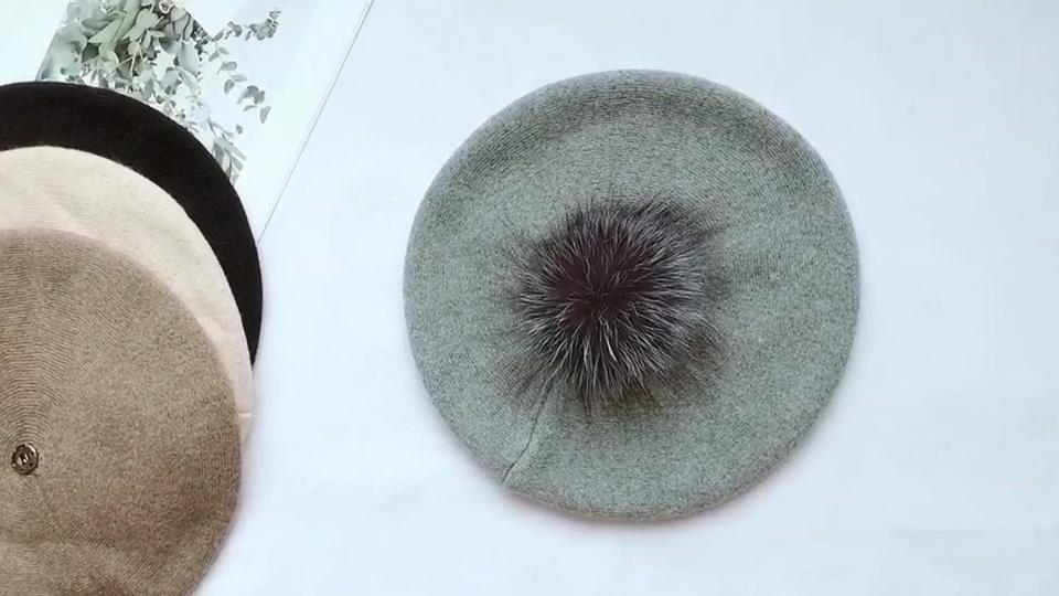 A Women's Beret Knitted Wool Hat with Fur Ball, Fashionable European and American Popular Hat, Autumn and Winter Thick Ear Protection Wool Hat