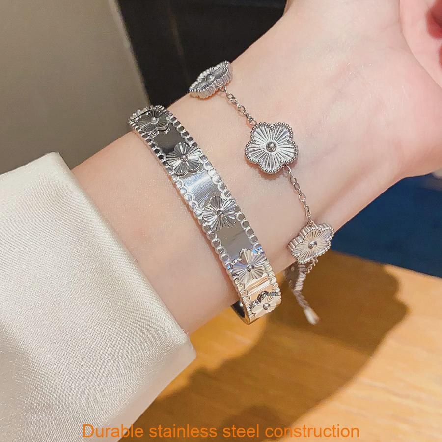 Stainless Steel Flower Pattern Fashion Cuff Bracelet For Women And Teens
