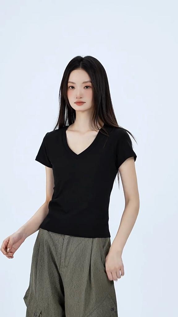 Damen Frühling Sommer Lässiges Sexy V-Ausschnitt Slim Fit Kurzarm T-Shirt