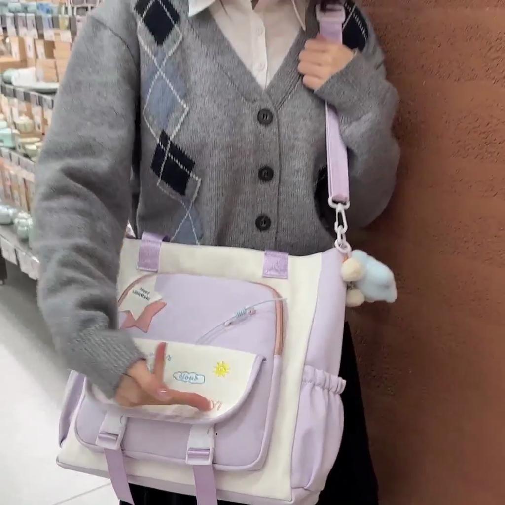 Contrast Color Crossbody Bag College Style Women's Large Capacity Tote Bag Cartoon Student Class Bag