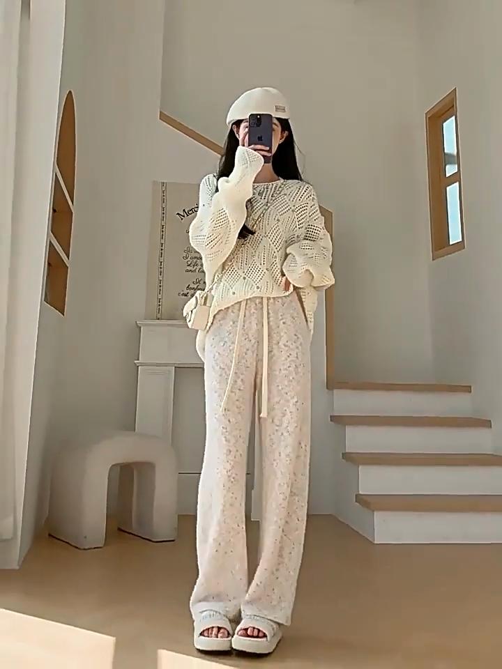 Dámské kalhoty s širokými nohavicemi s duhovými puntíky na podzim a zimu, kalhoty z lepkavé rýže s vysokým pasem a splývavým efektem, ležérní rovné trubkové silné vlněné kalhoty