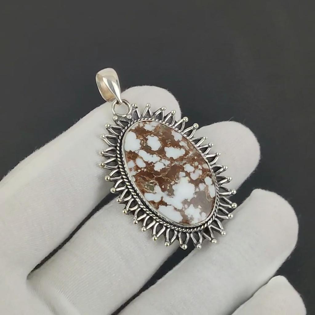 Delikatny wisiorek z kamieniem szlachetnym Jaspisu Dzikiego Konia ze srebra próby 925 - Ręcznie robiony owalny wzór, biżuteria do noszenia na co dzień, na imprezę, prezent