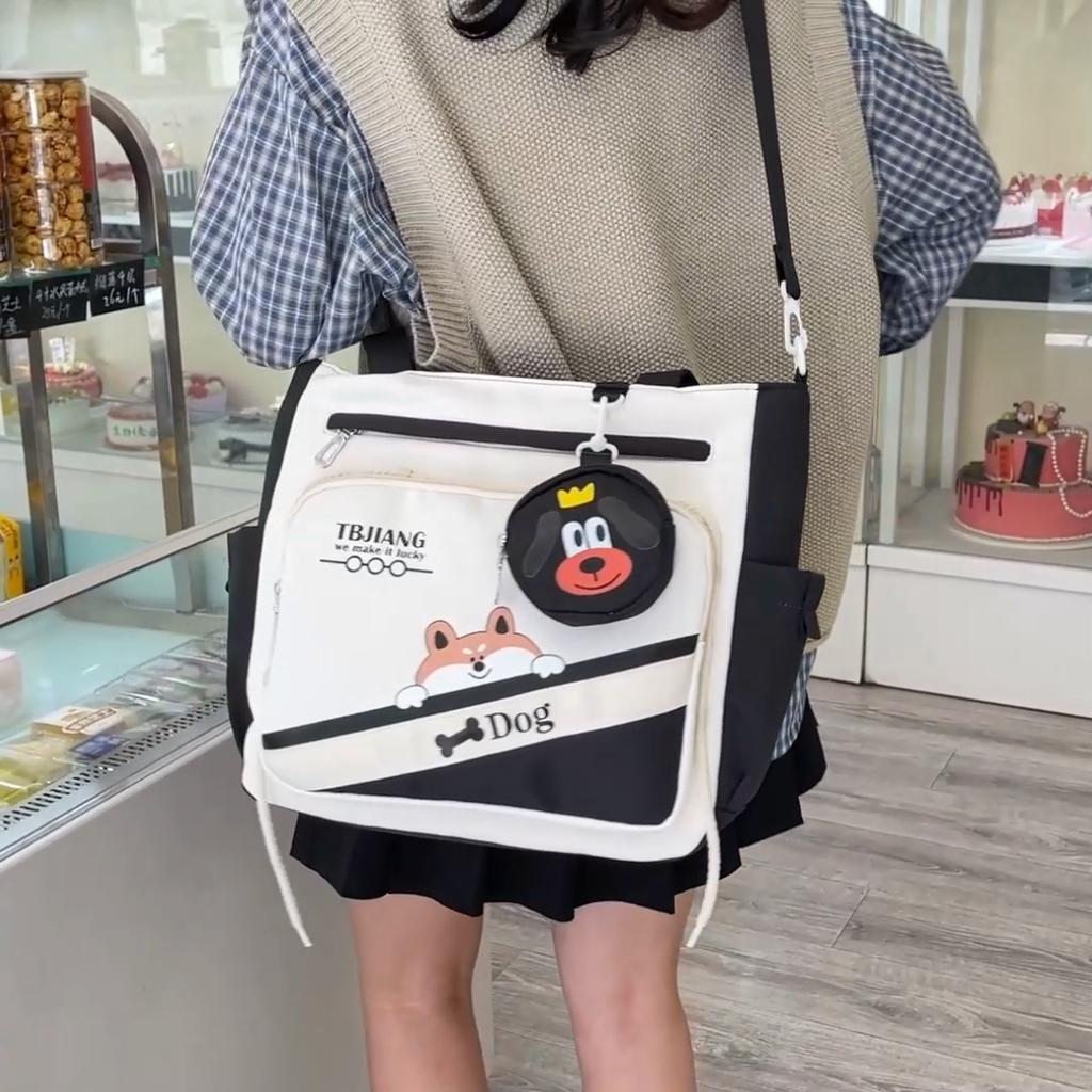 Large Capacity Book Bag Color Block Women's Crossbody Bag Cartoon Dog Print Shoulder Bag Student Handbag
