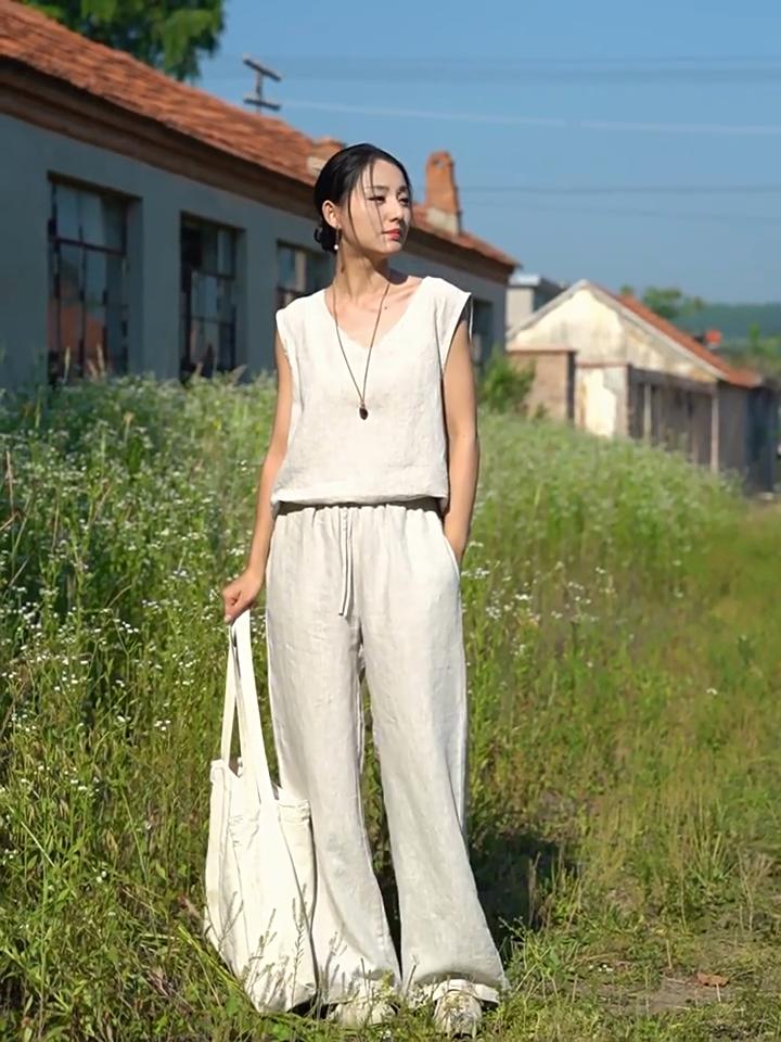 Johnature Women Vintage Straight Pants Summer Chinese Style High Quality Trousers Elastic Waist Soft Long Pants