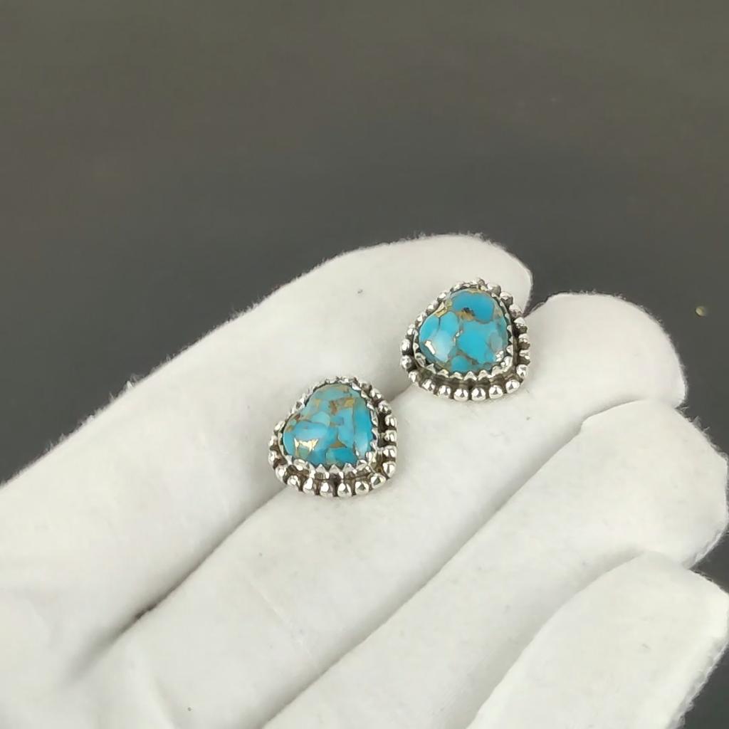 Blue Spiny Turquoise Earrings | 925 Sterling Silver Stud Earrings | Handmade Gemstone Love Studs Heart Earrings | Boho Jewelry Birthday Gift