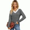 New Solid Color Lace V-neck Patchwork Loose Long Sleeved T-shirt Top