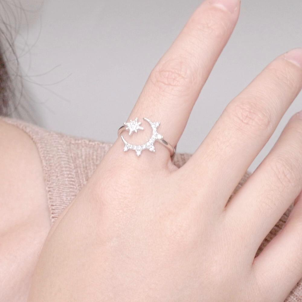 BAMOER 925 Sterling Silver Star and Moon Adjustable Ring Pave Setting CZ Open Ring for Women Anniversary Gift