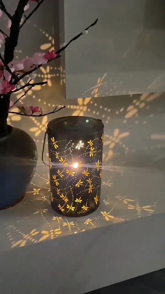 Solar Iron Hollow Lantern Outdoor Waterproof 3d Dynamic Projection Butterfly Projection Courtyard Iron Hanging Light Lawn Landscape Light