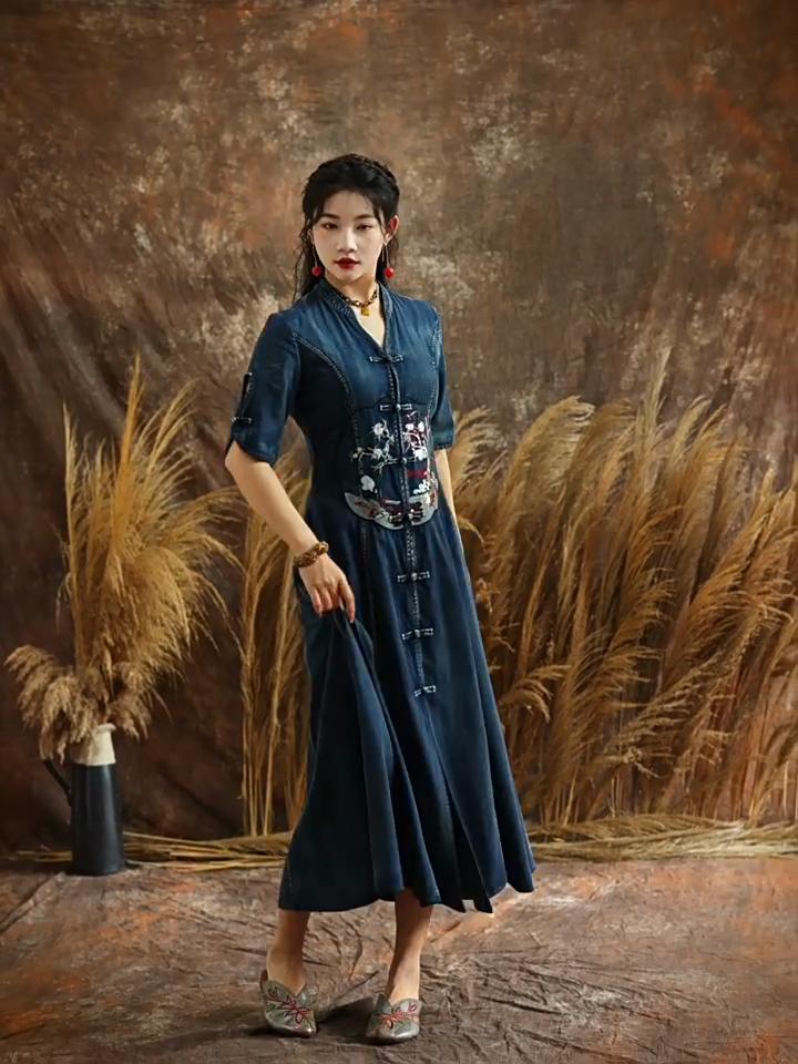 Johnature Woman Spring Vintage Embroidery Half Sleeve Chinese Style Dress Buckle Single Breasted Cotton Casual Dress