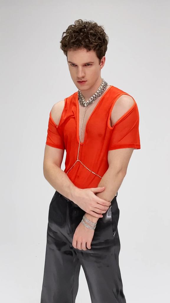 INCERUN Men V Neck Mesh Stretch Off Shoulder Sheer Tops Sexy Transparent T-shirts