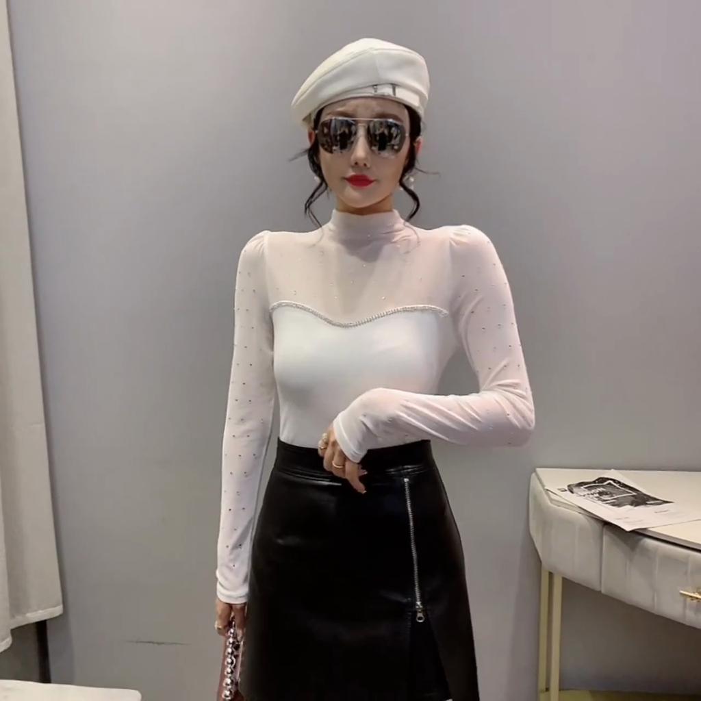 European Autumn New Slimming Fashion Mesh Splicing Hot Diamond Beads Sexy Versatile Long-sleeved Bottoming Shirt