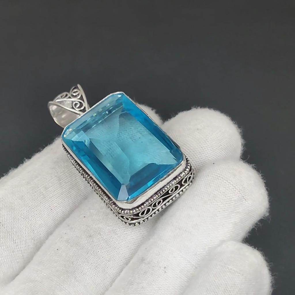 Dainty Blue Topaz Gemstone Silver Pendant In 925 Sterling Silver- Handmade Design, Everyday Wear Jewelry, Unique Pendant Party Wear Gift