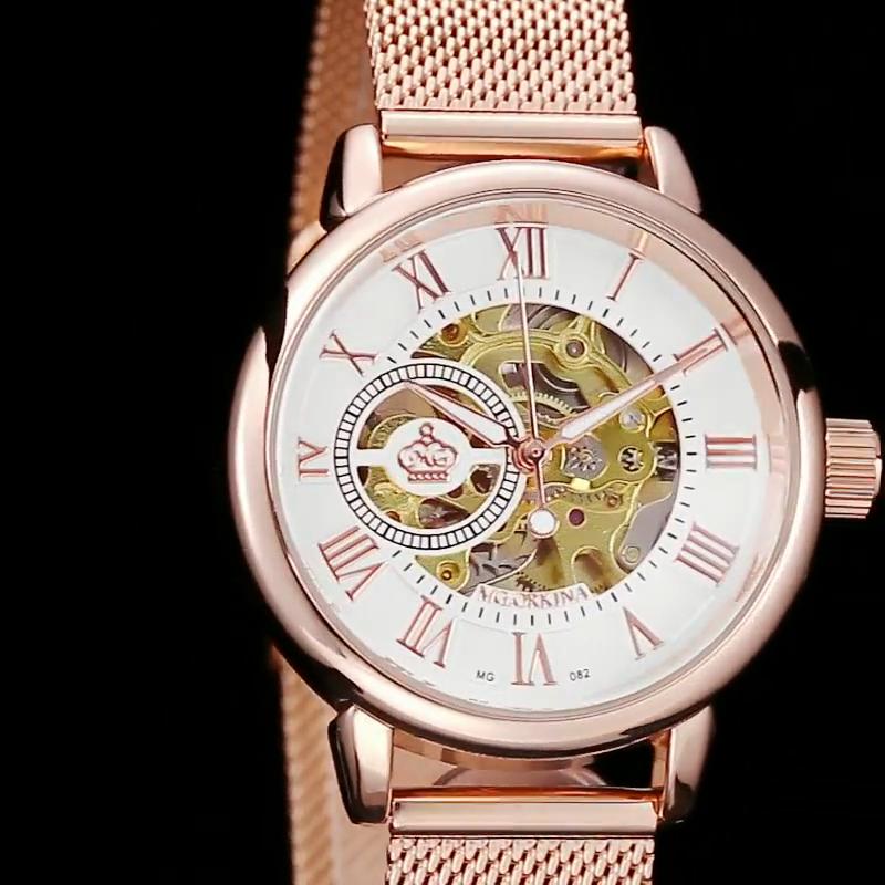 Orologi Meccanici di Lusso da Donna Oro Rosa Scheletro Automatici da Polso Regalo