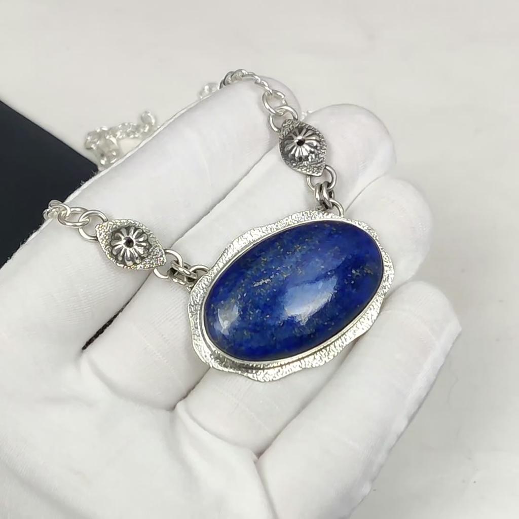 Natural Lapis Lazuli Gemstone Handmade 925 Sterling Silver Electroform Necklace, Lapis Lazuli Silver For Wife Unisex Pendant Gift For Mom