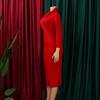 Women Elegant Bodycon Dresses V Neck Full Sleeve Solid Sheath Package Hips Mid Calf Professional Business Work Dress Midi OL