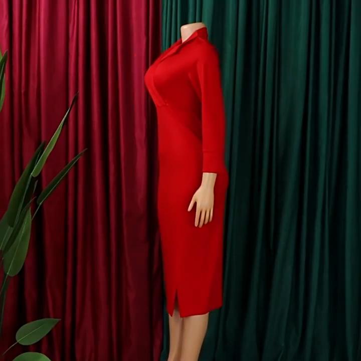 Women Elegant Bodycon Dresses V Neck Full Sleeve Solid Sheath Package Hips Mid Calf Professional Business Work Dress Midi OL