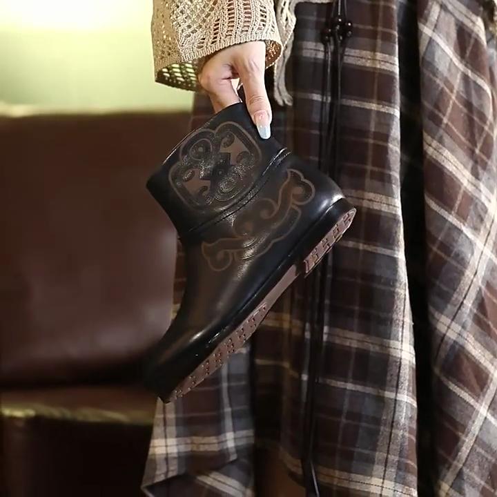 Johnature Genuine Leather Retro Flat Short Boots Side Zipper Soft Cowhide Versatile Women's Shoes