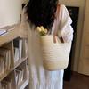 Handwoven Straw Tote Bag with Leather Handles Woven Pattern Summer Beach Bag Casual Everyday Use