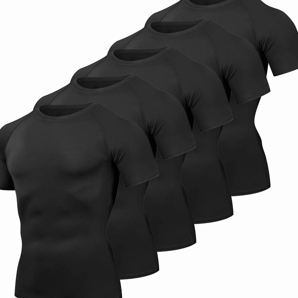 Men's Compression Shirts Cool Dry Short Sleeve Baselayer Athletic Workout T Shirts, Black, White