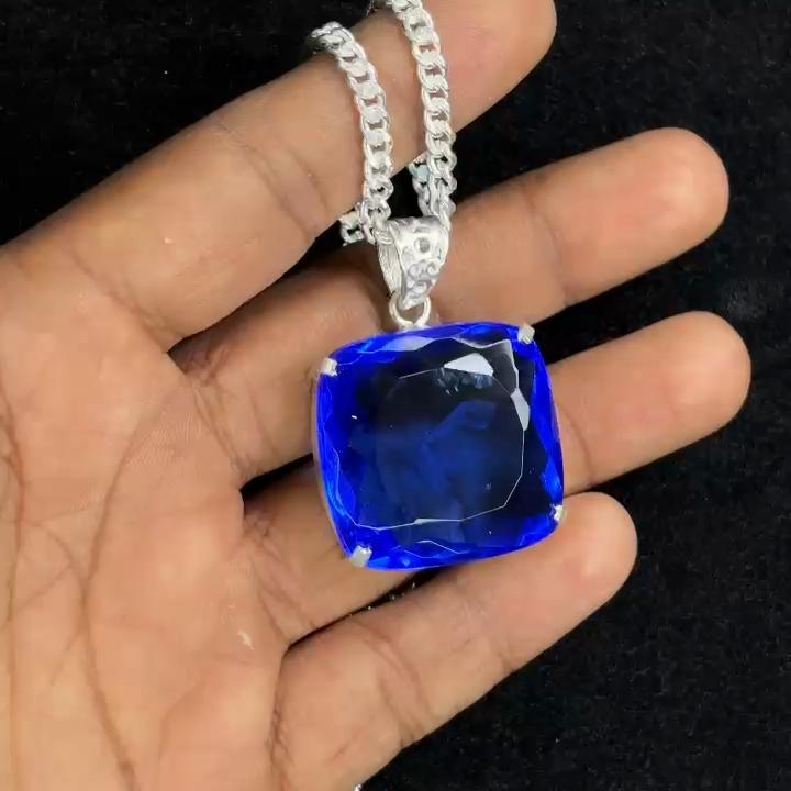 CERTIFIED Blue Tanzanite Square Cushion 91 Ct Lab Created Pendant Gems Free Gift ,MY.PD-90-NS