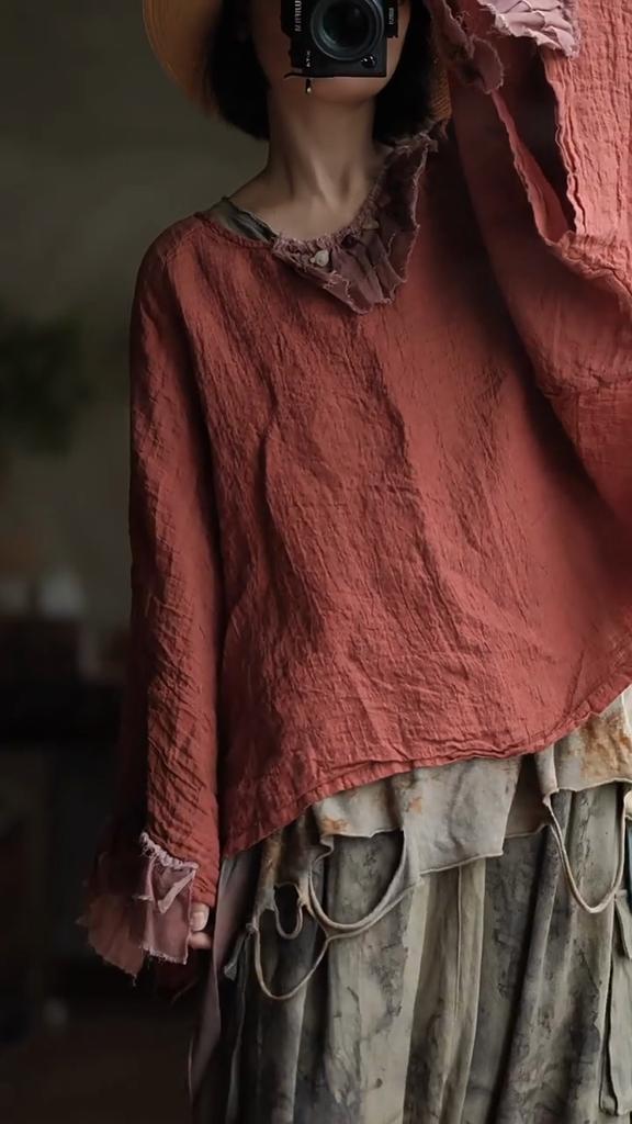 Johnature Vintage Women Patchwork T-Shirts O-Neck Long Sleeve Autumn Loose Chinese Style Female T-Shirts