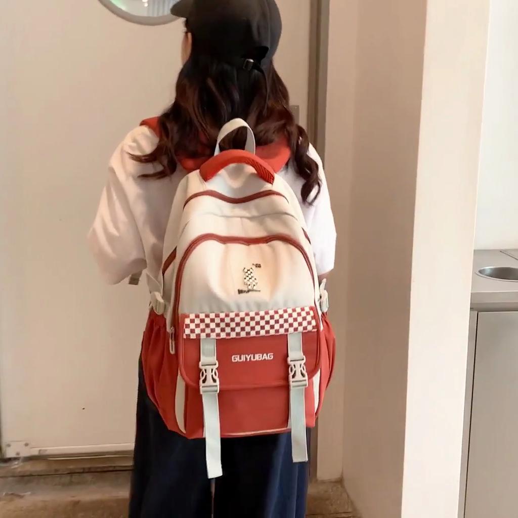 Letter Large Capacity Student Schoolbag Female Plaid Backpack Color Block Outdoor Backpack for Teenage Girls