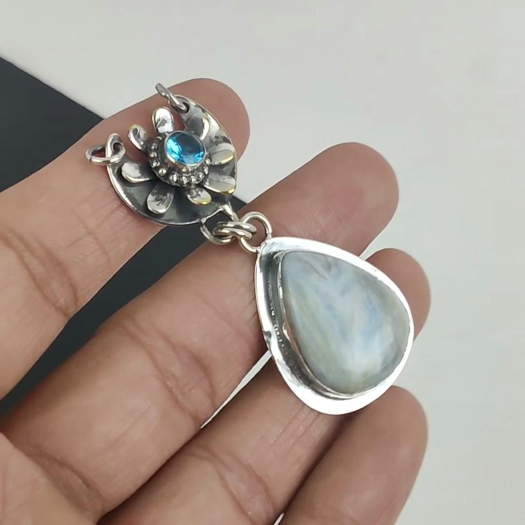 Natural Blue Sheelite Gemstone Pendant 925 Sterling Silver- Handmade Design, Everyday Wear Jewelry, Unique Blue Topaz Pendant Wadding Gifts