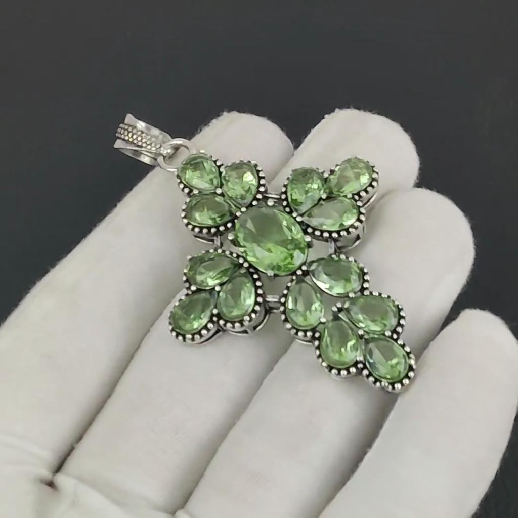 Beautiful Green Amethyst Gemstone Silver Cross Pendant In 925 Sterling Silver - Handmade Pear Design, Everyday Wear Jewelry Wadding Gift