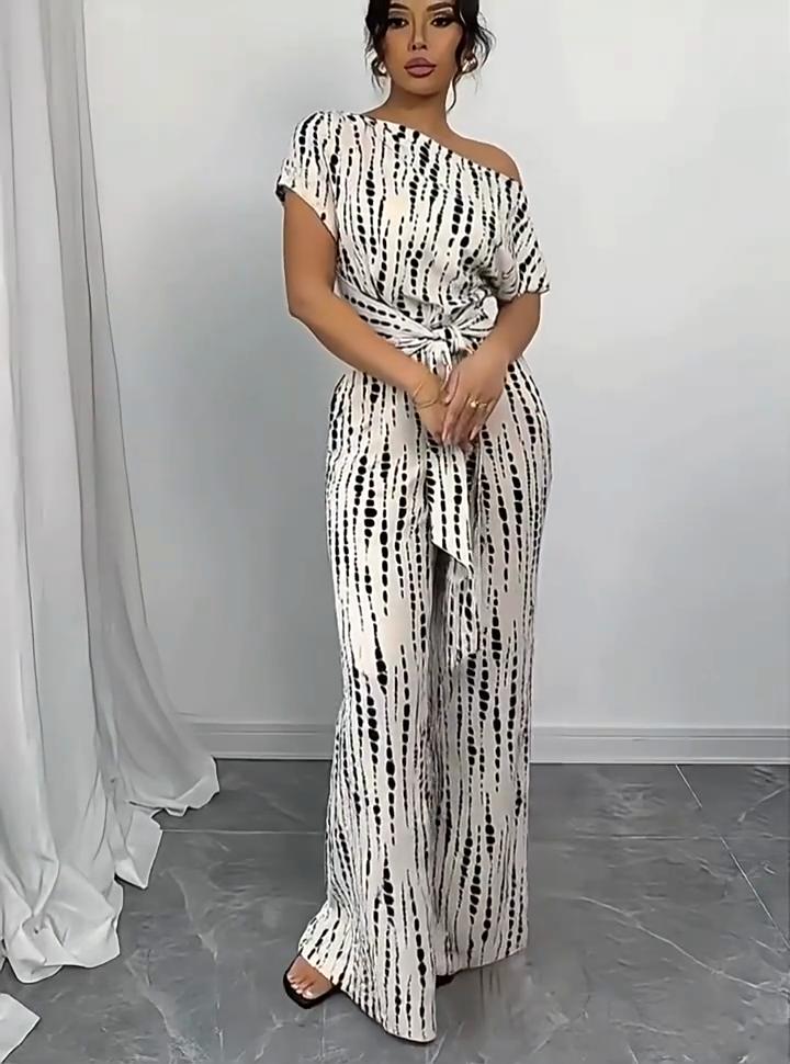 Striped Jumpsuit Summer Slanted Shoulder Tie-Up Wide Leg Pants