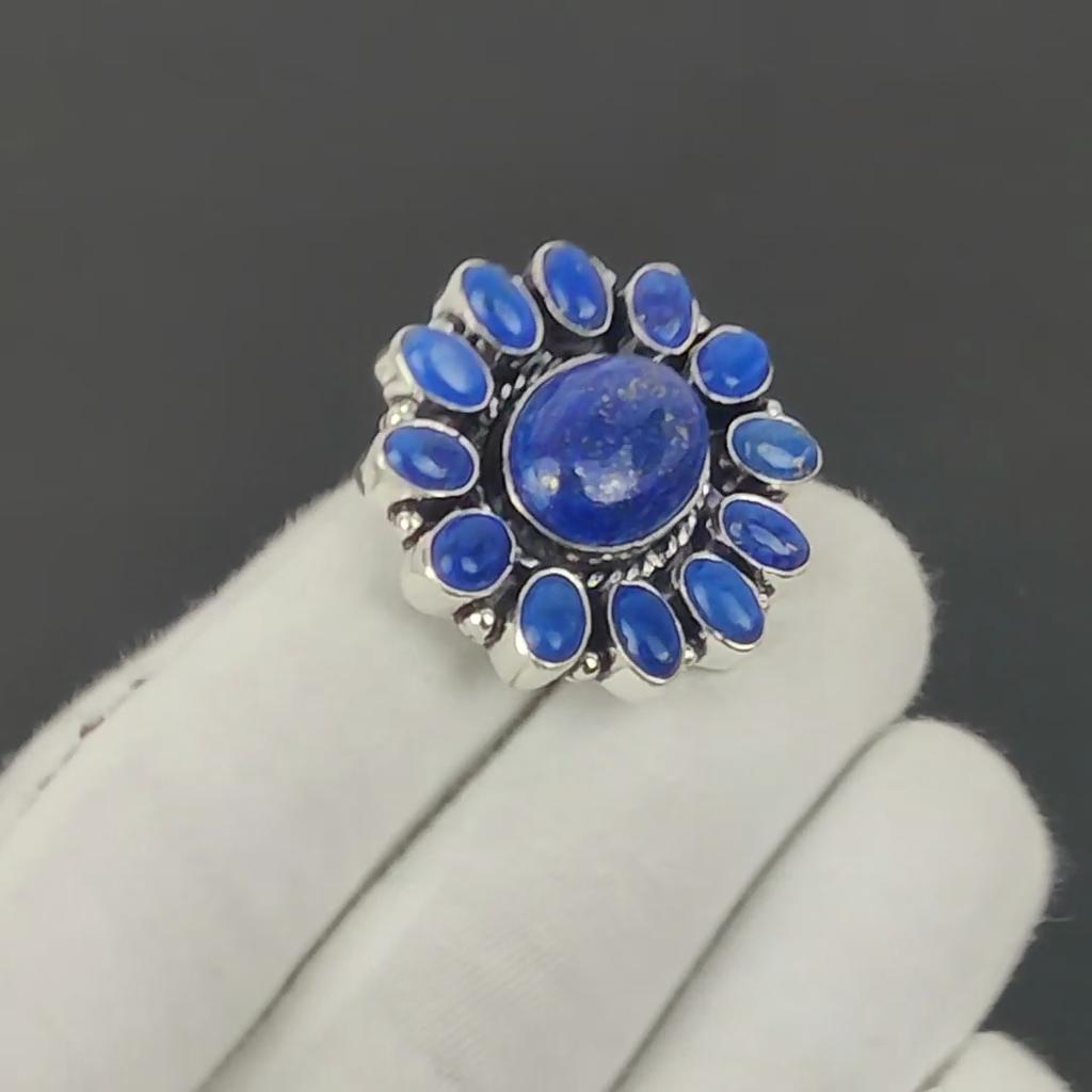 Natural Lapis Lazuli Gemstone Ring, 925 Sterling Silver Ring, Gift For Her, Oval Stone ,Elegant Handmade Ring, Lapis Lazuli Flower Silver Ring Gift