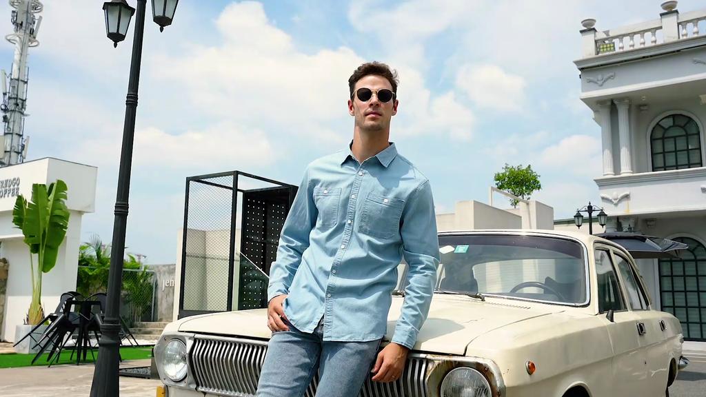 2023 New Autumn Men's Denim Shirt Cotton Elastic Casual Social Design Double Pockets Slim Jeans Shirts for Men