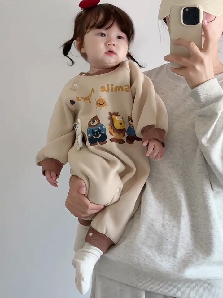 Baby Cartoon Jumpsuit Winter Korean Children's Clothing Baby Super Cute Thick Baby Clothes Home