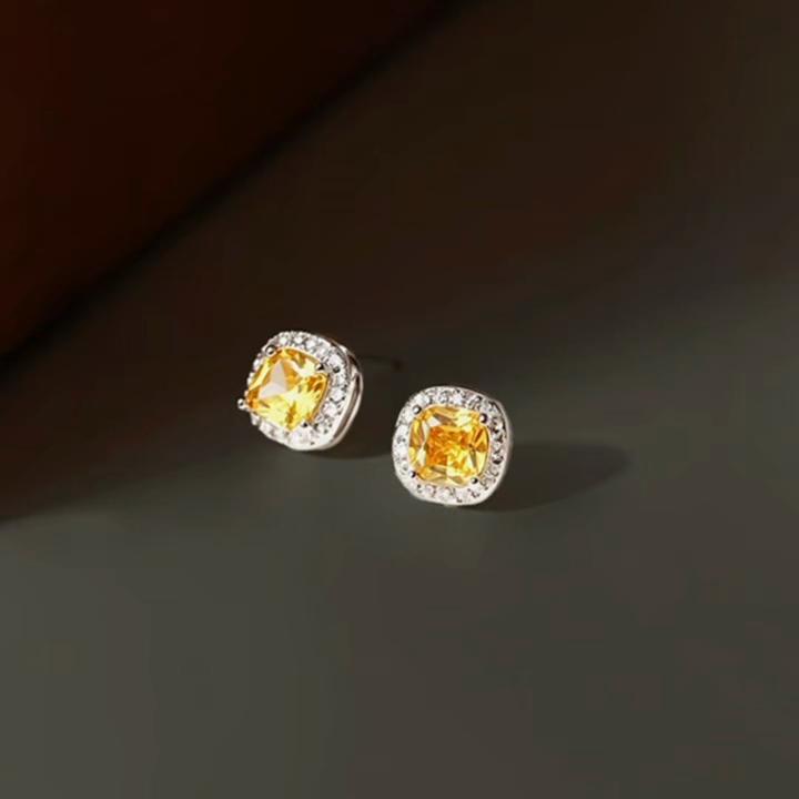 Fashion Minimalist Geometric Square Citrine Stud Earrings for Women