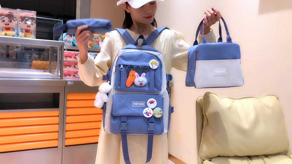 Dreiteiliges Rucksack-Set Farbblock Schüler-Schultasche Damen College-Stil Großraum-Rucksack für Mädchen