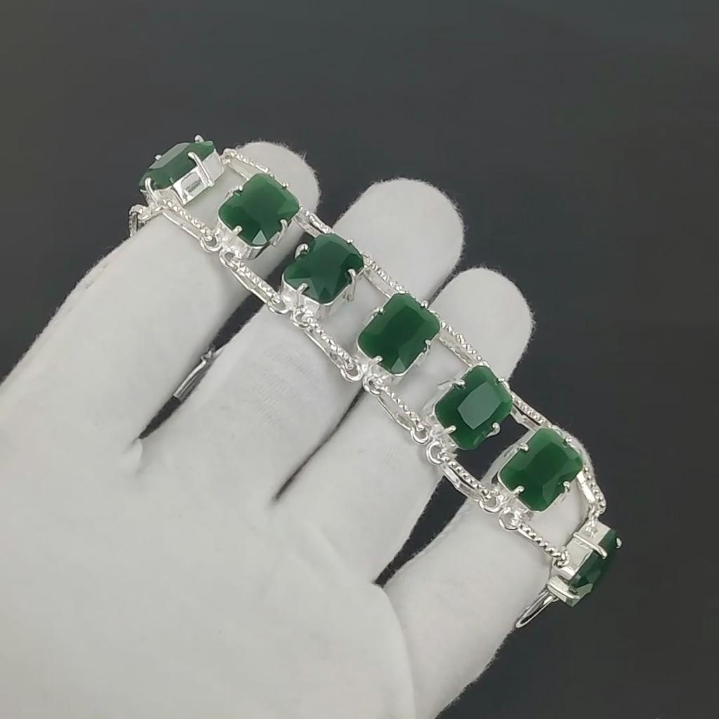 Faceted Emerald Bracelet 925 Sterling Silver Jewelry Adjustable Chain Bracelet Cushion Shape Gemstone Handmade Jewelry Gift For Her