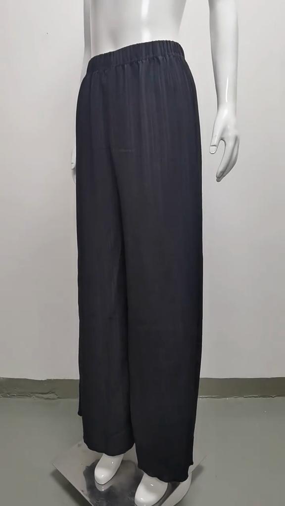 Neue Damen Freizeithose Locker Knitteroptik Weites Bein Hohe Taille Lange Hose