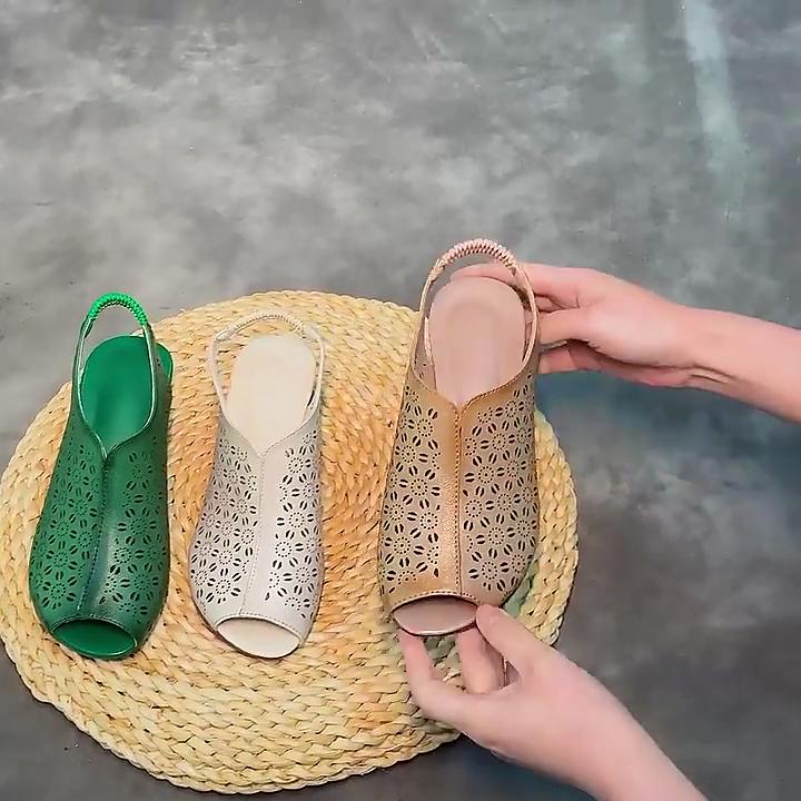 Johnature Echtleder Damen Schuhe Retro Peep Toe Ausgeschnitten Atmungsaktiv Dicke Absatz Sandalen