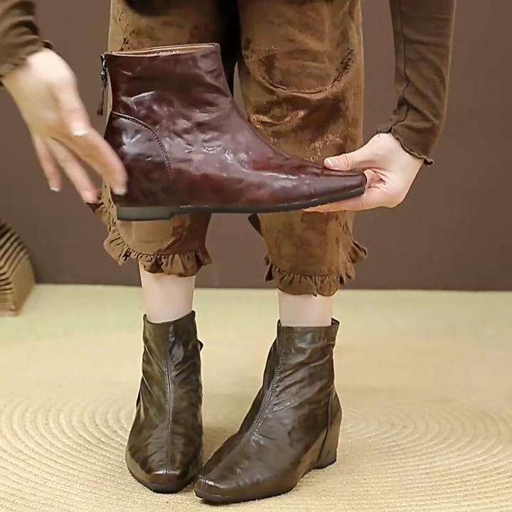 Johnature Genuine Leather Pleated Height-increasing Short Boots Retro Versatile Square Toe Women's Shoes