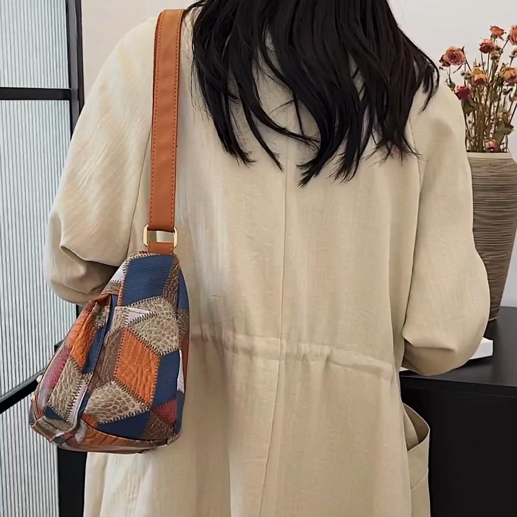 Middle-Aged Mother Bag Stitching Color Block Crossbody Bag Women Retro Multi-Compartment Large Capacity Shoulder Bag