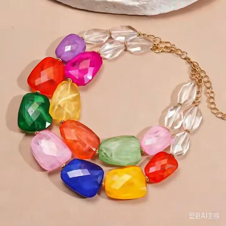 Double-layer Irregular Acrylic Beaded Necklace for Women Dopamine Bohemia Clavicle Chain Vacation Style Fashion Jewelry Gift C