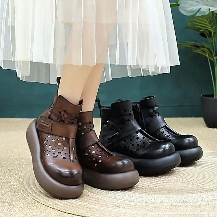 Johnature Retro Breathable Hollow-out Summer Boots Genuine Leather Short Boots Versatile Women's Flat Platform Shoes