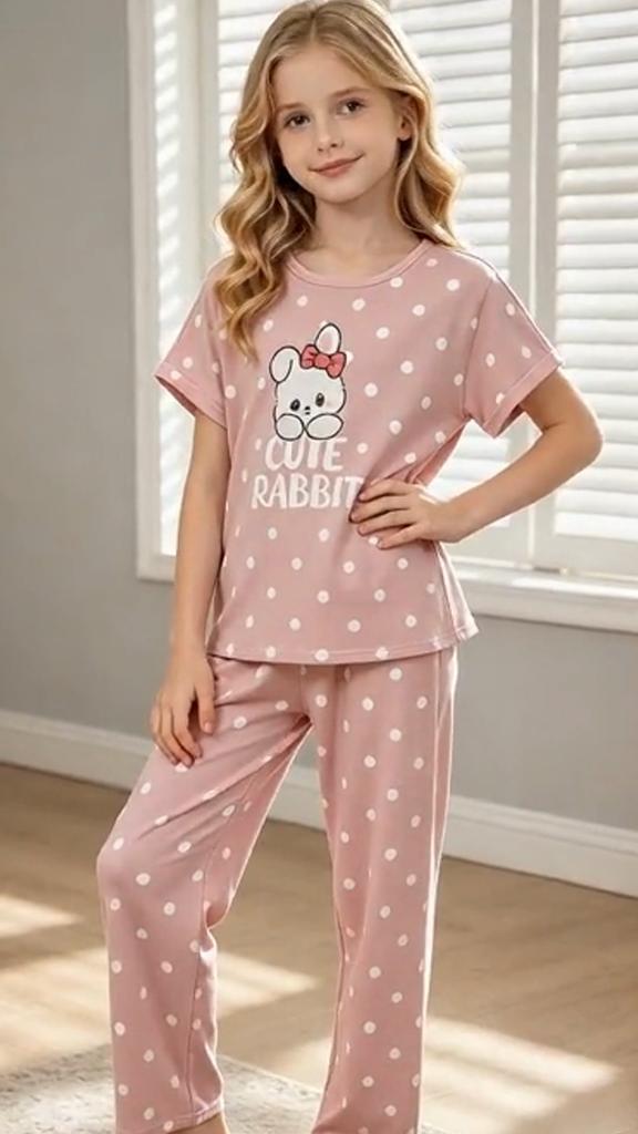 Girls Pajama Set, Cute Rabbit & Polka Dot Short Sleeve Top & Long Pants, Soft Sleepwear for 8-12 Years