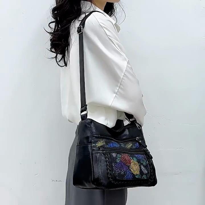 New Fashion PU Soft Leather Flower Print Crossbody Bag Large Capacity Multi-pocket Zipper Shoulder Bag Joker Commuter Lightweight Messenger Bag