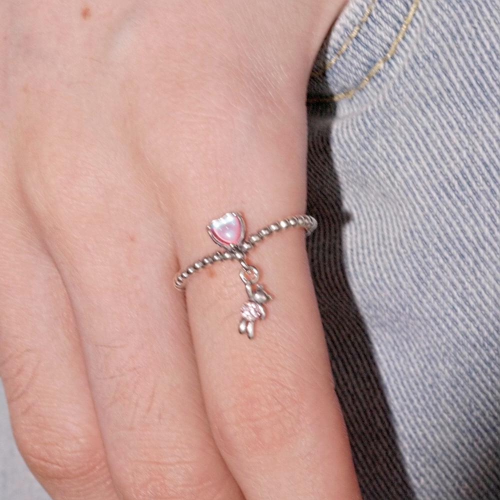 WOSTU 925 Sterling Silver Shining Pink Zircon Little Bear Balloon Ring for Women Birthday Gift Jewelry