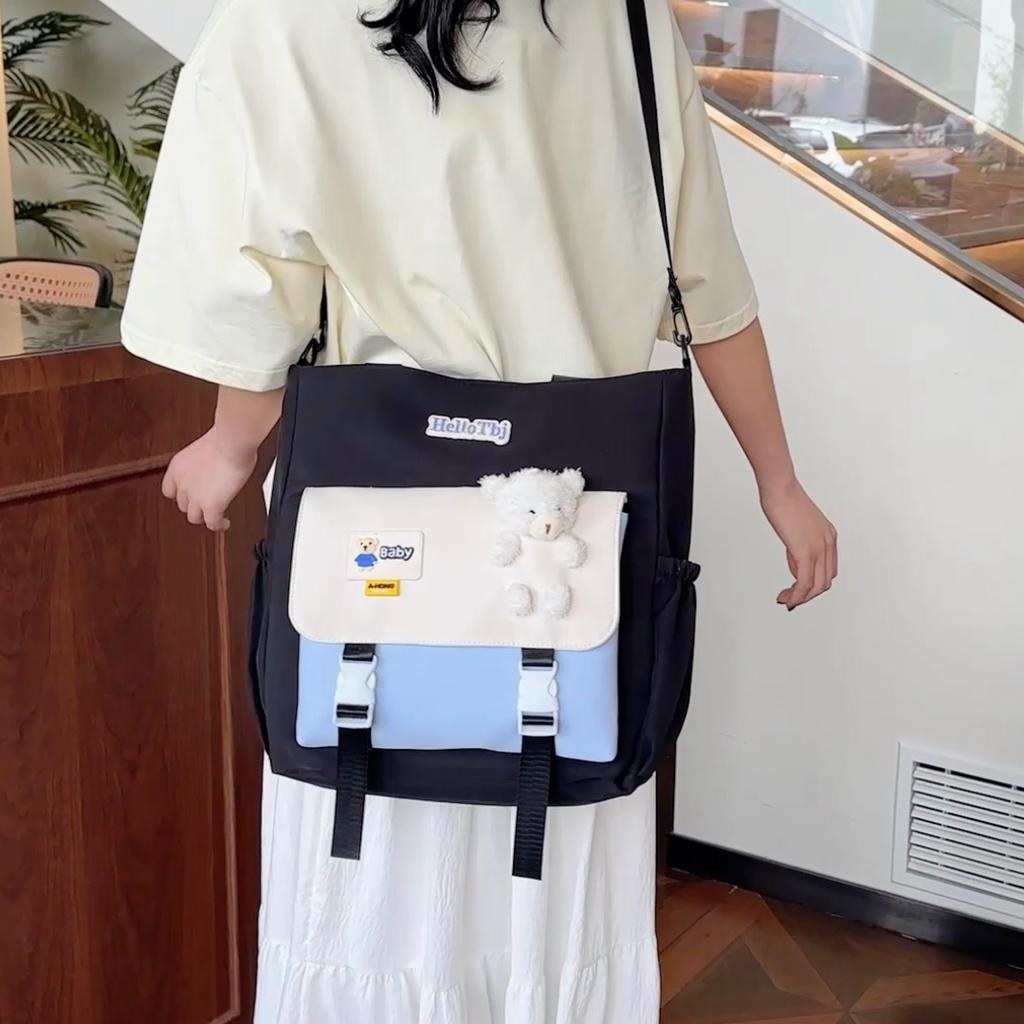 Student Shoulder Bag Color Block Crossbody Bag Girls Class Book Handbag Cartoon Large Capacity Commute Bag