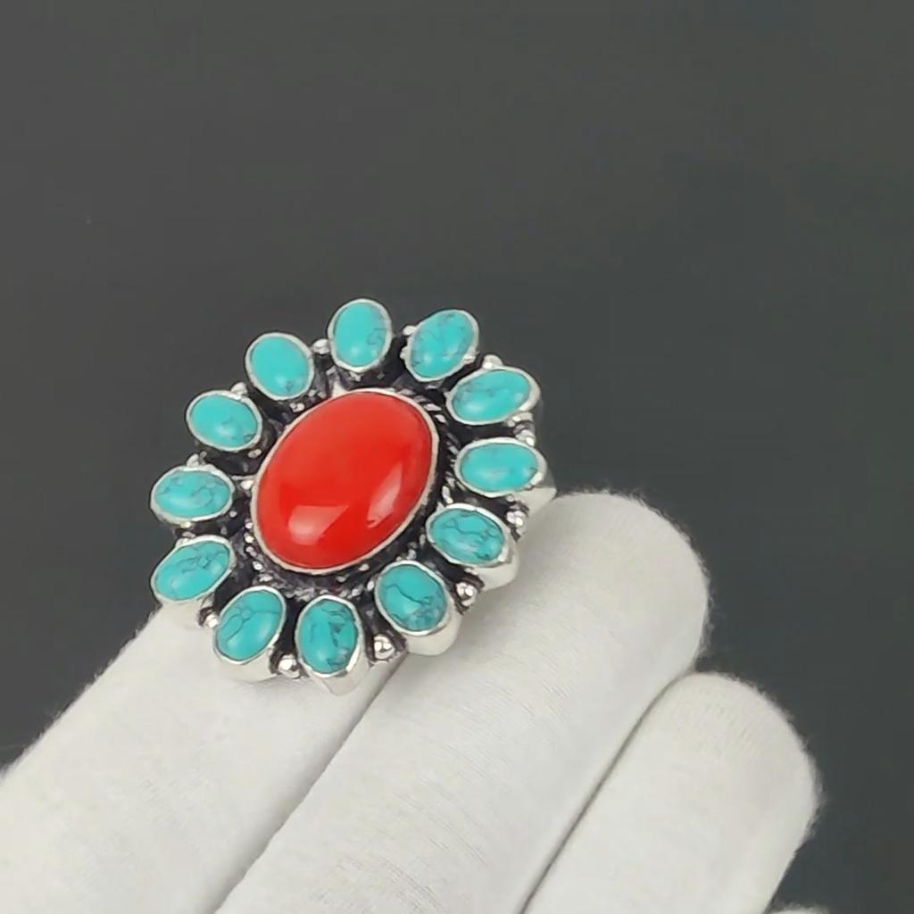 Turquoise, Red Coral Gemstone Ring, 925 Sterling Silver Ring, Gift For Her, Oval Stone ,Elegant Handmade Ring, Turquoise Flower Silver Ring Gift