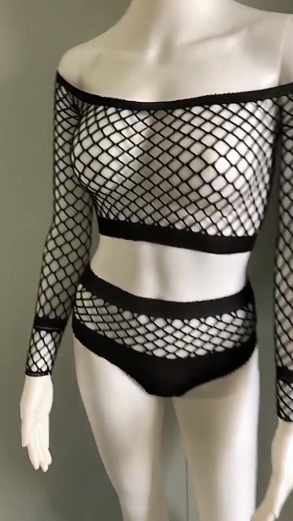 Damen Sexy Langarm-Mesh-Dessous-Set, Netz-Dessous-Set, durchsichtiges sexy Dessous-Unterwäsche-Set, Nachtwäsche