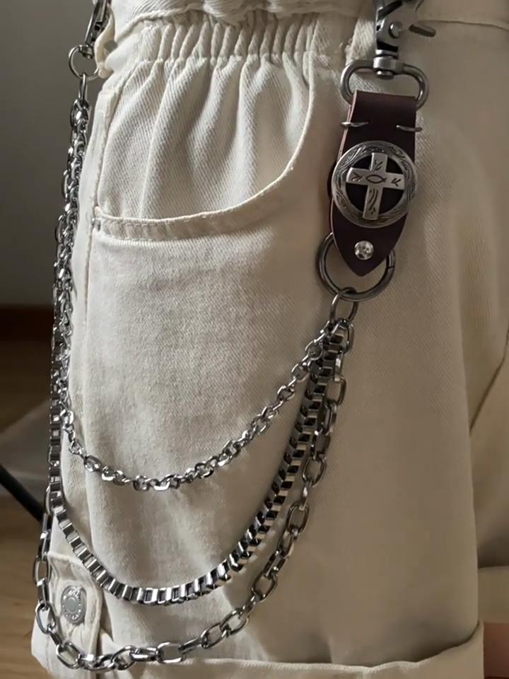 European and American Punk Style Versatile Metal Jeans Accessories Waist Chain, Retro Cowhide Cross Trendy Men's and Women's Hip-hop Trousers Chain
