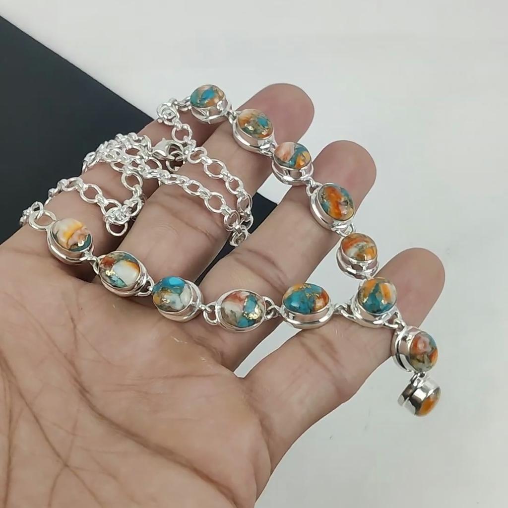 Natural Orange Spiny Oyster Gemstone Handmade 925 Sterling Silver Necklace, Orange Spiny Oyster Silver Necklace For Wife, Unisex Necklace, Easter Gift