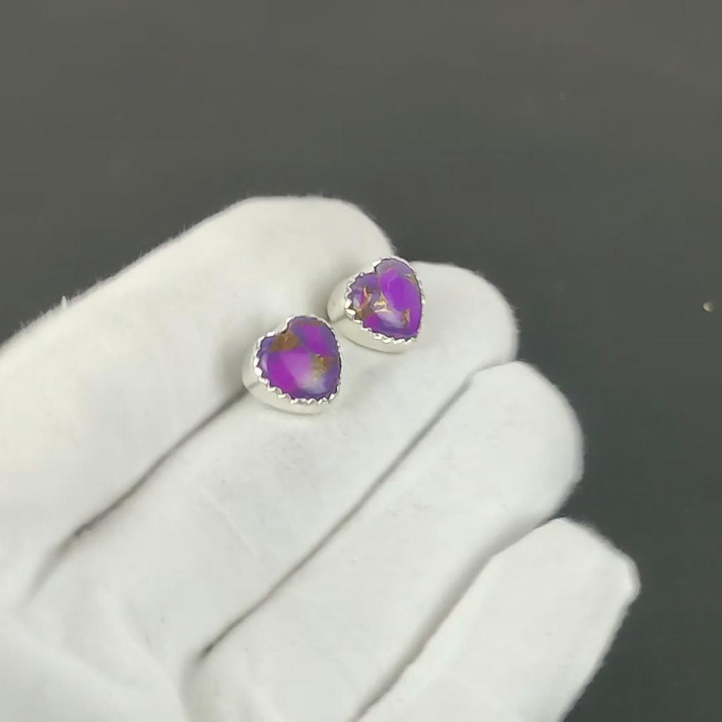 Purple Spiny Turquoise Earrings | 925 Sterling Silver Stud Earrings | Handmade Gemstone Love Studs Heart Earrings | Boho Jewelry Birthday Gift